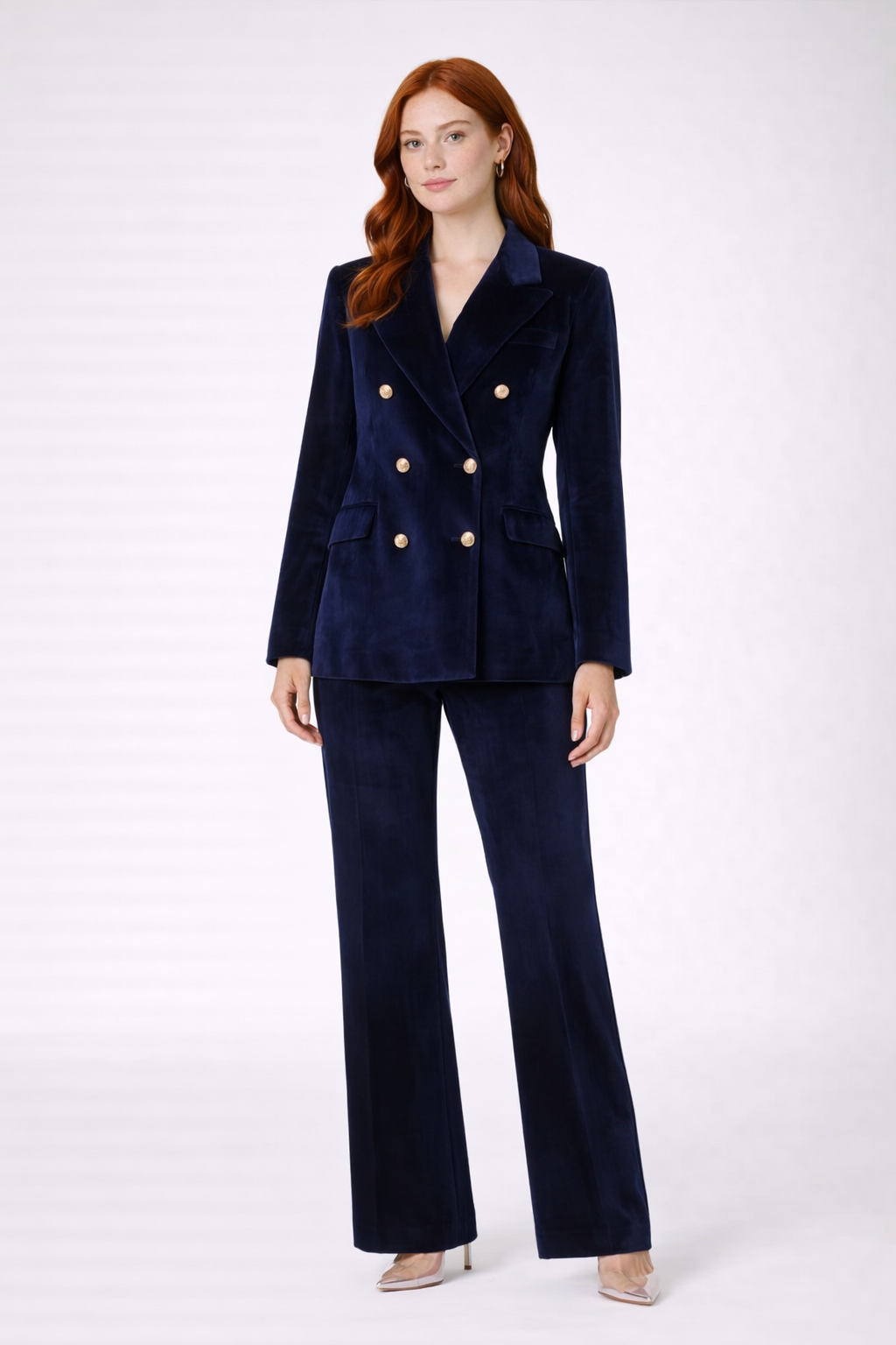 A deep navy velvet blazer and trouser pairing with a relaxed shape.