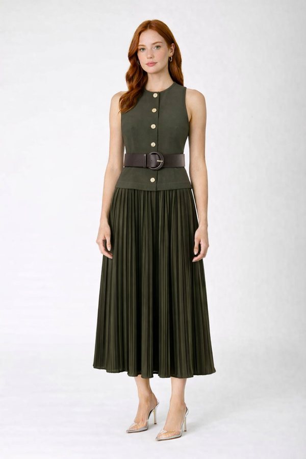 Women Clothing with Belt Stitching Midi Dress