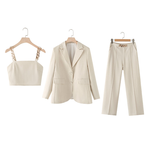 Women Clothing Summer Elegant Workplace Metal Chain Work Pant Three Piece Sets
