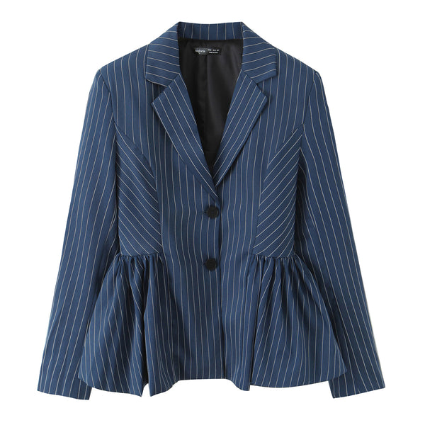 Women Clothing Autumn Elegant British Puffy Bud Bottom Leveling Collared Long Sleeve Striped Blazers