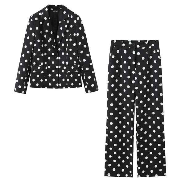Women Clothing Autumn White Polka Dot Loose Fitting Straight Work Pant Two Piece Sets