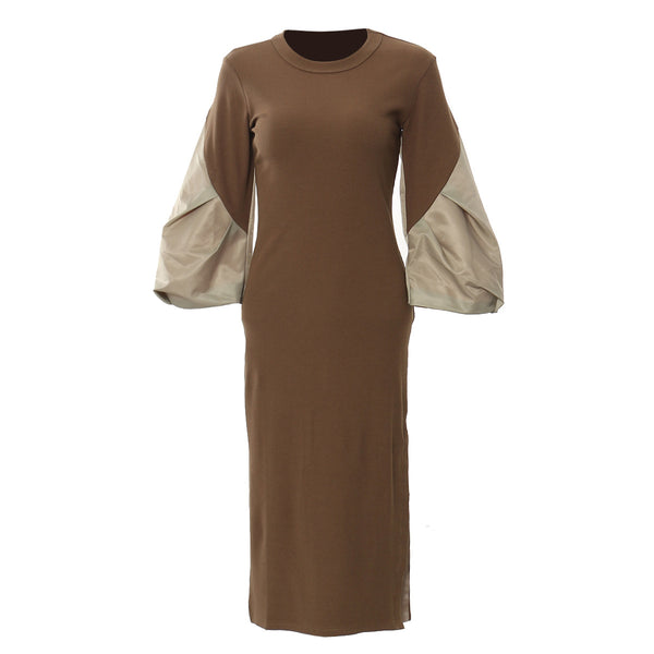 Autumn Personality Stitching Contrast Color Puff Sleeves Slim Knit Dress for Women