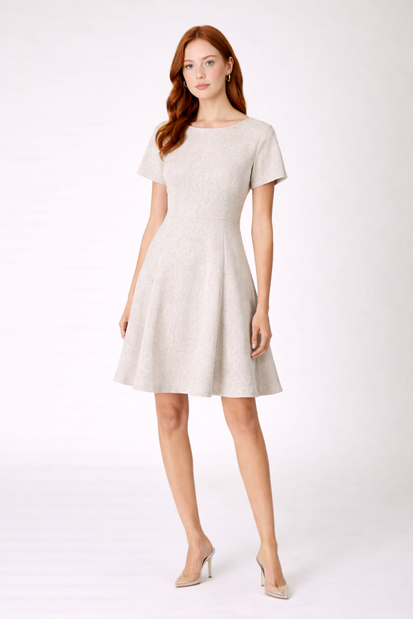 Women French Wave Wide Swing round Neck Short Sleeve Dress