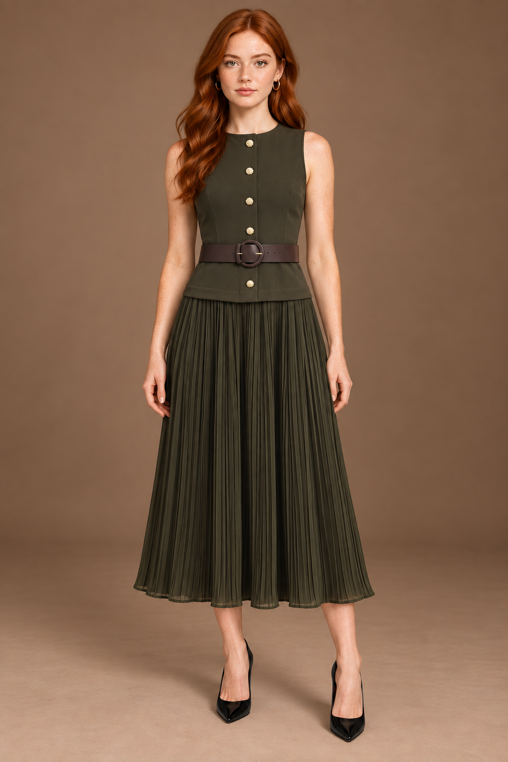 The Verde Belted Dress on Model 1 — front