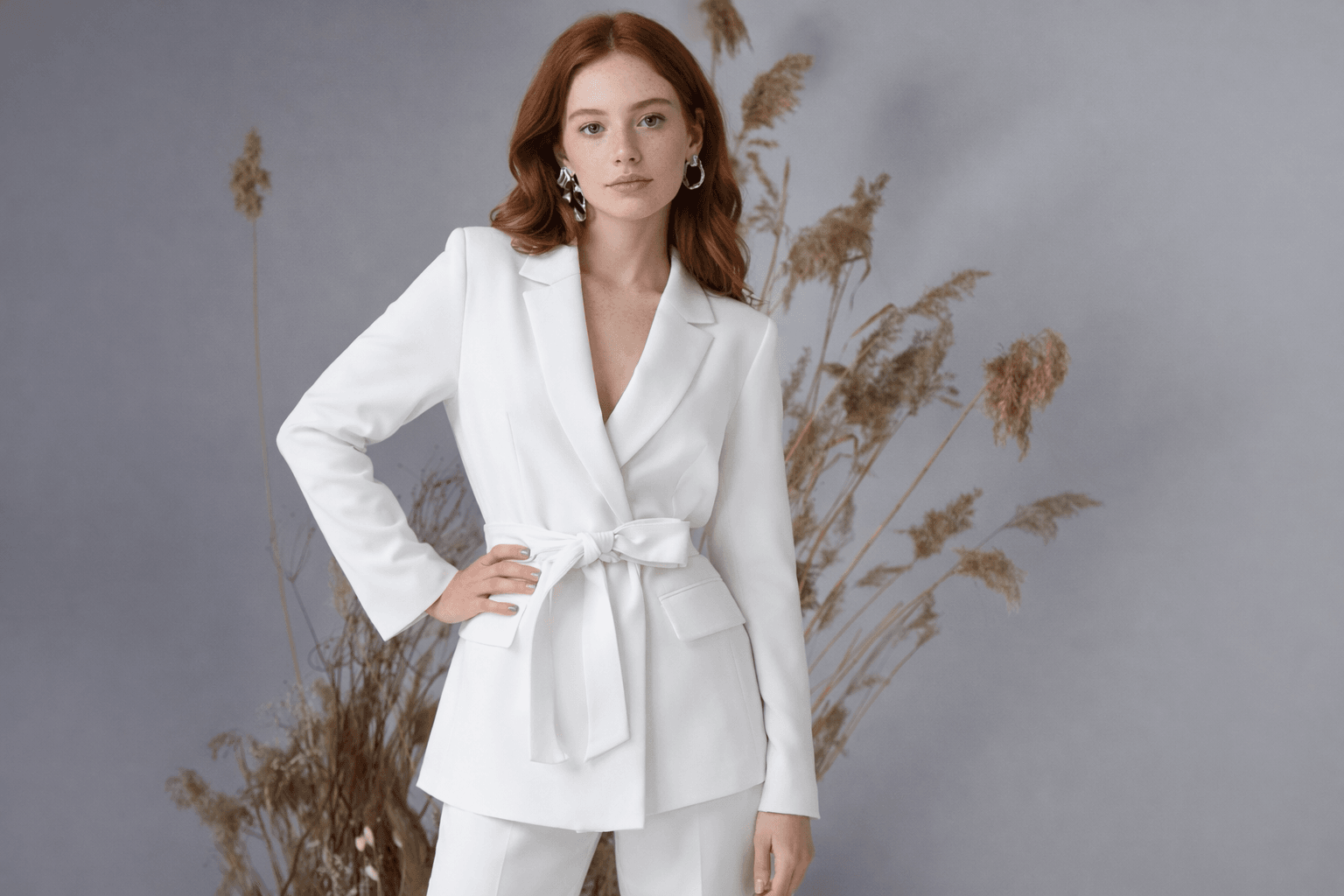 White belted blazer suit